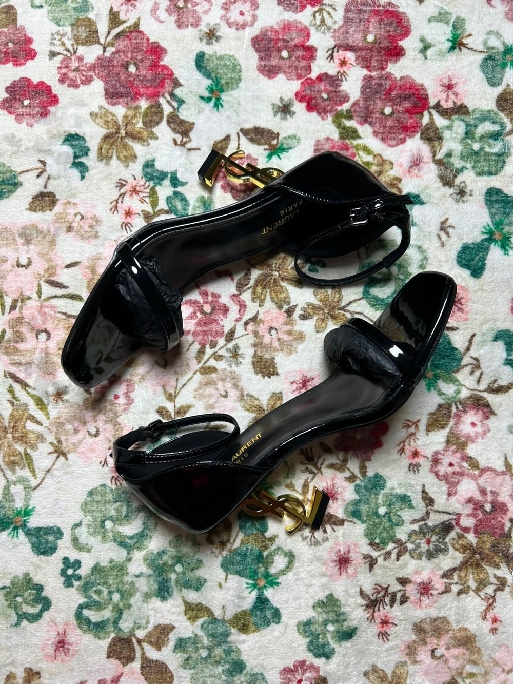 Saint Laurent Black Patent Leather YSL-Heel Ankle-Strap Sandals